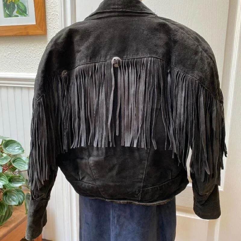 High School Jackets for Students -Vintage Learsi Black Suede Leather Jacket with Fringe Details