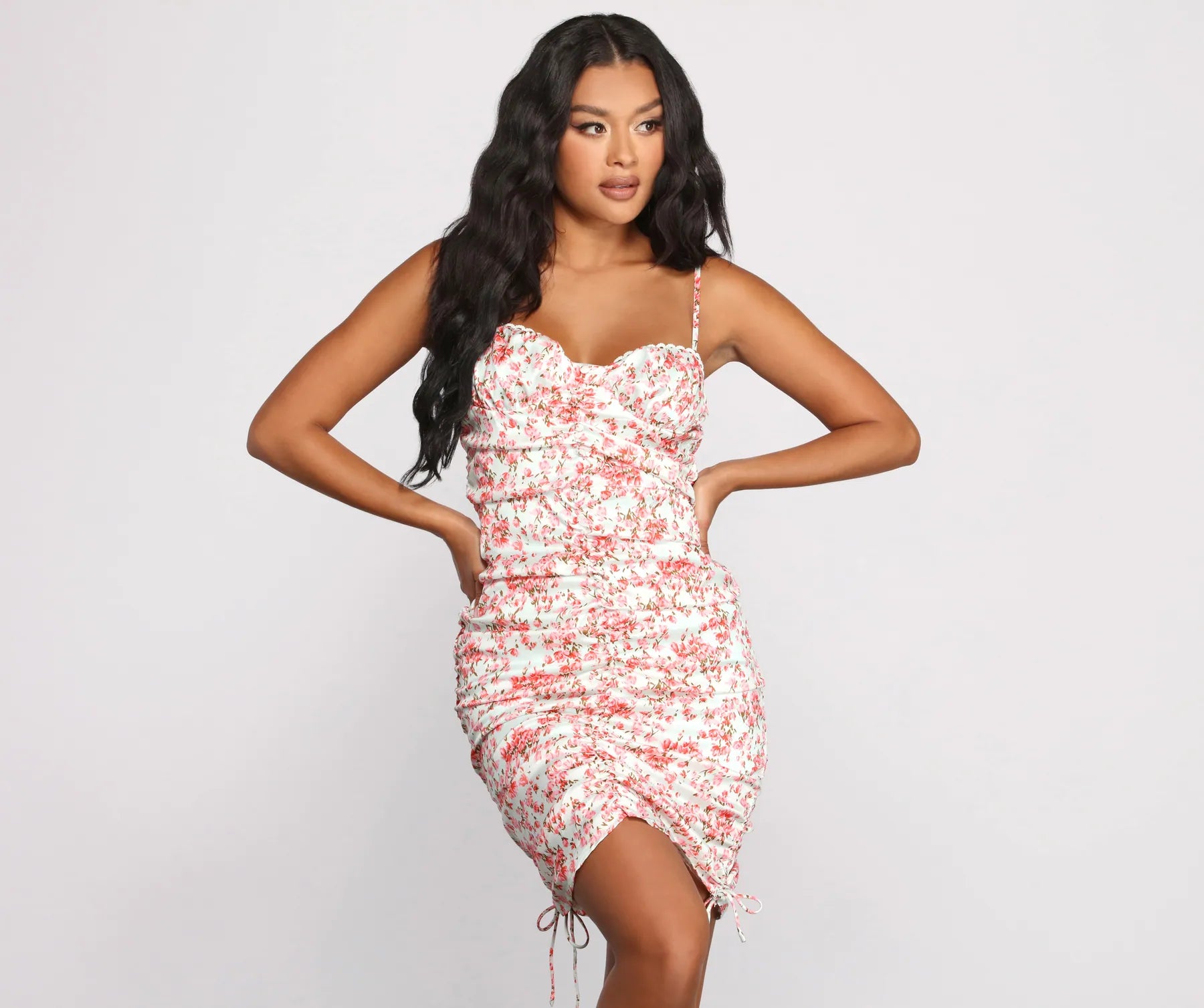 Solid Color Dresses for Simple -Double Drawstring Floral Mini Dress