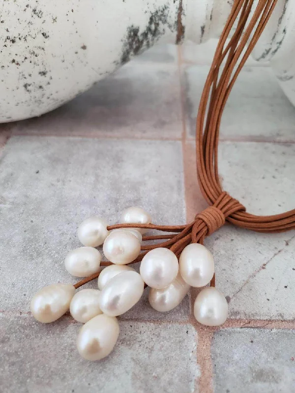 Best necklaces and pendants with intricate beadwork for a bohemian-inspired look-Pearl Cluster Necklace - Tan Leather