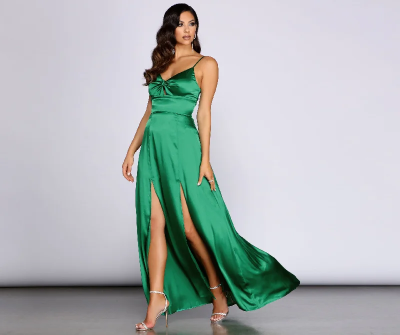 Birthday Dresses for Celebration -Anjolie Knot Front Satin Slit Dress