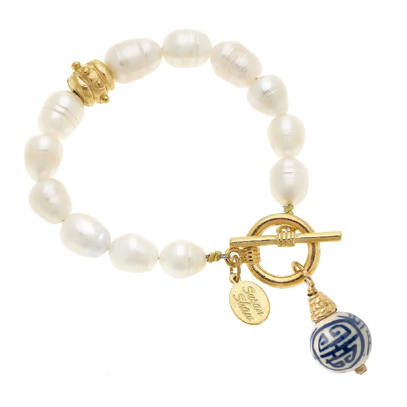 Bracelets with engraved constellations for stargazers -Porcelain Bead & Pearl Toggle Bracelet