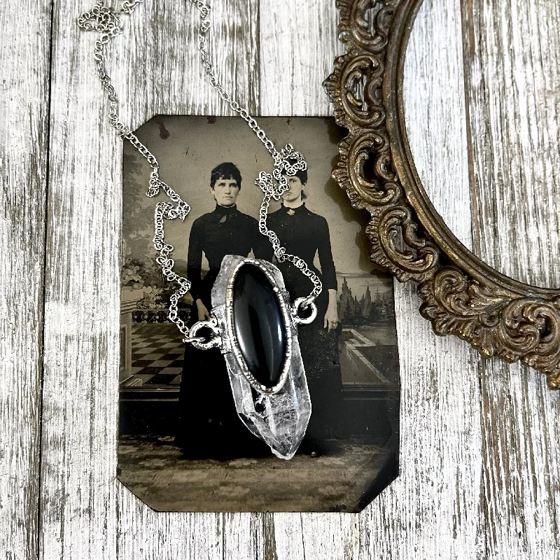 Necklaces and pendants with enamel accents for a colorful, eye-catching appearance-Clear Quartz & Black Onyx Crystal Statement Necklace in Fine Silver / Foxlark Collection - One of a Kind