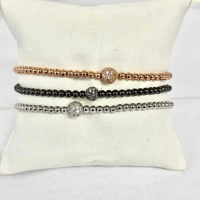 Bangles with bold onyx stones for contrast -2mm Round Beaded Bracelet With CZ Ball