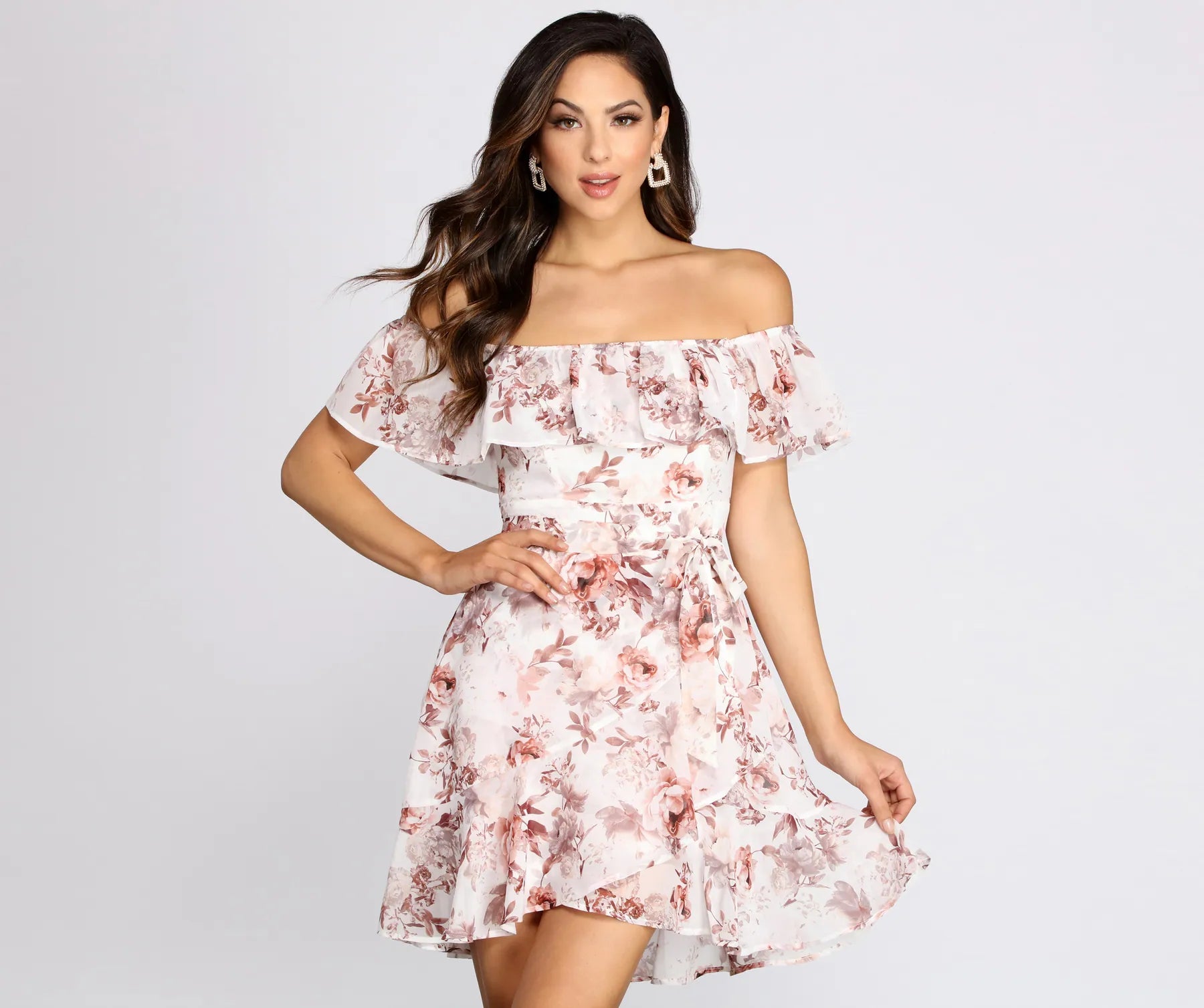 Anniversary Dresses for Special -Playful Petals Floral Chiffon Off Shoulder Mini Dress