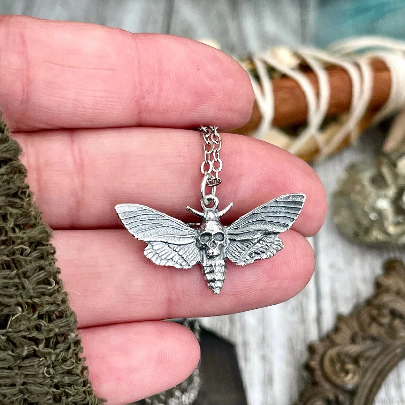 Unique necklaces and pendants with custom birthstone arrangements for personalization-Tiny Talisman Collection - Sterling Silver Deaths Head Moth Pendant with Skull 19x30mm  / Curated by FOXLARK Collection 925