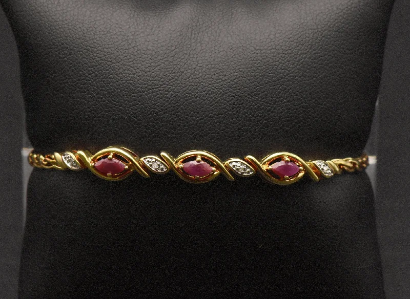 Bangles with herkimer diamonds for raw clarity -Vintage Rubies and Diamonds Gold Tone Sterling Silver Chain Bracelet - 7.25"