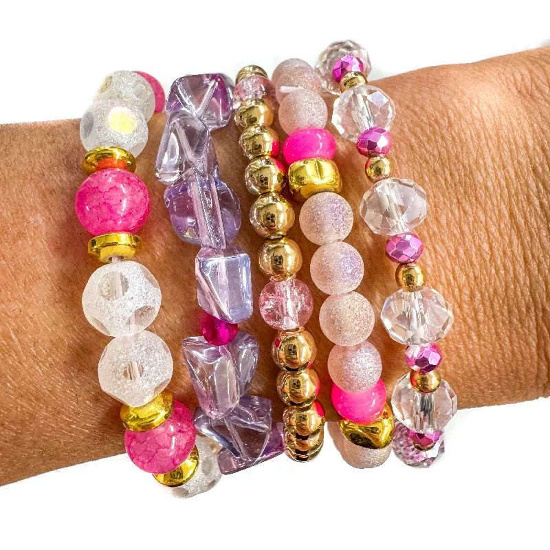 Bangles with aventurine gems for green luck -Bright Pink & Purple Bracelet Stack