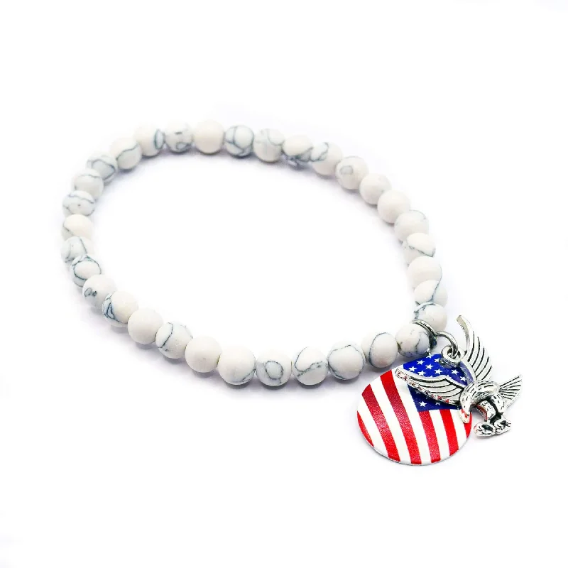 Bracelets with woven leather for rustic style -Made in USA White Stone Bracelet with Eagle Charm