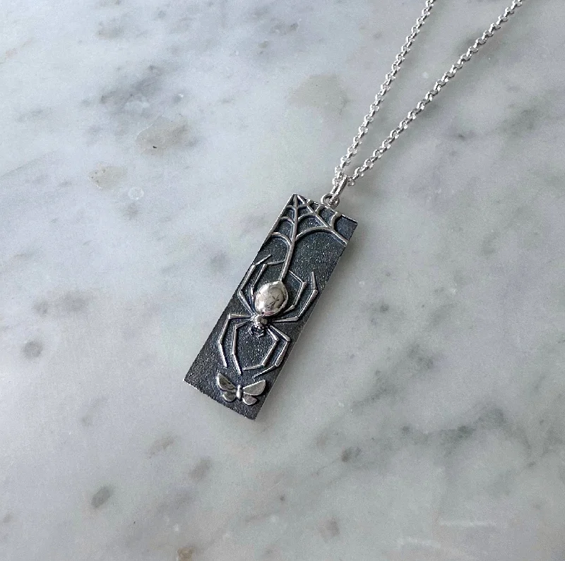 Unique necklaces and pendants with engraved messages for a sentimental gift-Sterling Spider and Moth Necklace