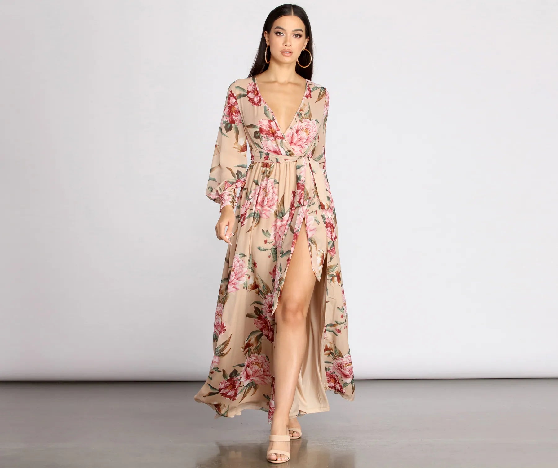 Silk Dresses for Luxurious -Caralisa Floral Chiffon High Slit Dress