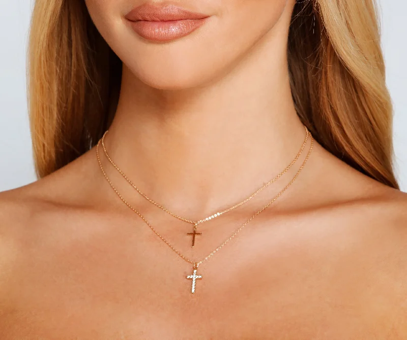 Necklaces and pendants with crescent moon designs for a celestial and mystical feel-Dainty Layered Cross Charm Necklace