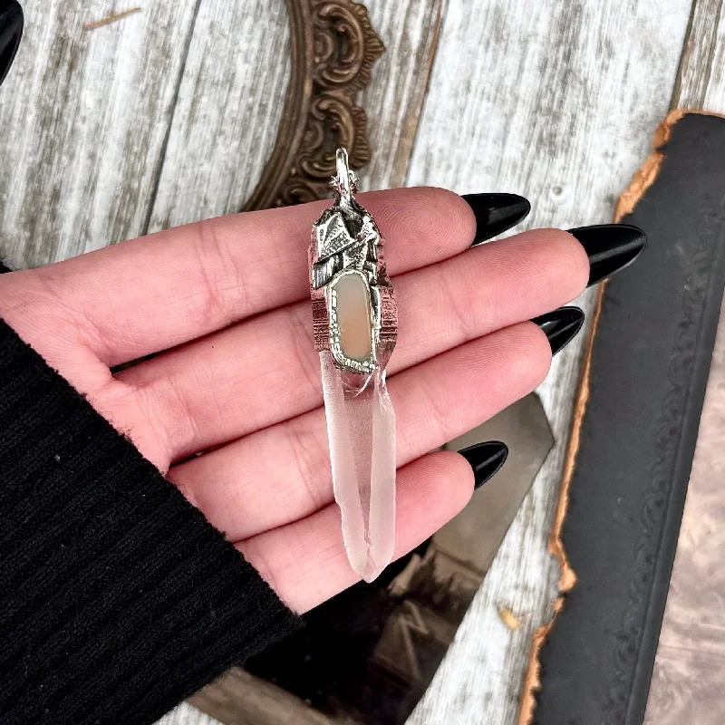 Necklaces and pendants with pearls for a classic and sophisticated touch-Clear Quartz & Peach Moonstone Crystal Statement Necklace in Fine Silver / Foxlark Collection - One of a Kind