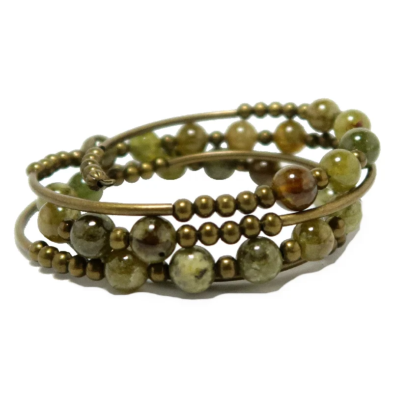 Bangles with bold malachite for green patterns -Garnet Bracelet Green Goodness Memory Wire Coil