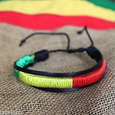 Bracelets with heart-shaped ruby stone charms -Rasta Leather Wrist Bracelet Threaded Cuff  Hawaii Surfer Irie Reggae Marley RGY