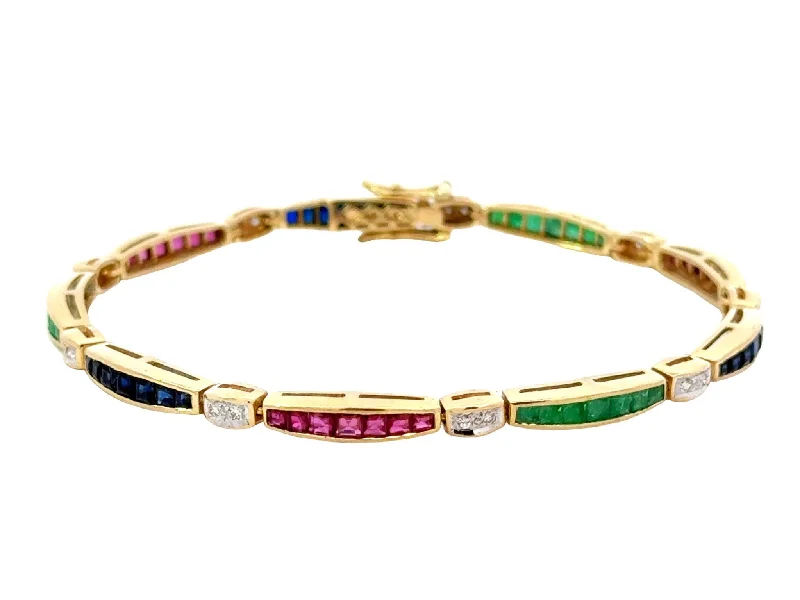 Bangles with rose quartz for soft pink -14k Yellow Gold Ruby Emerald Sapphire Diamond Tennis Bracelet