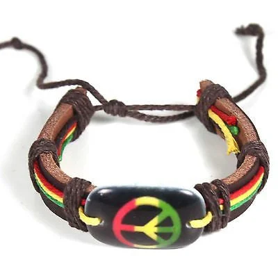 Bracelets with adjustable chains for perfect fit -Rasta Leather Wrist Cuff Peace Sign Emblem Wrist Bracelet Hippie Bob Reggae IRIE