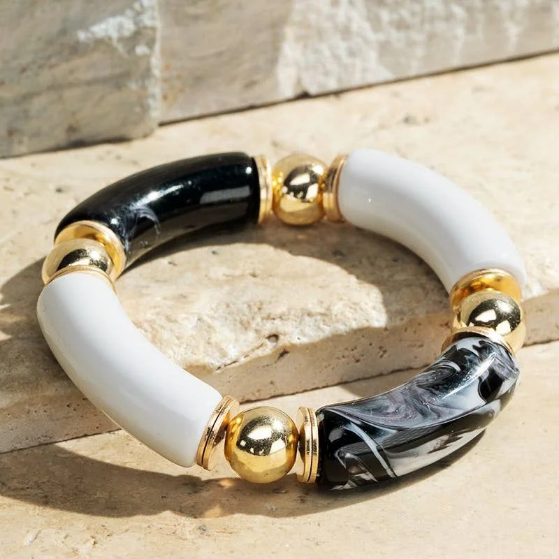 Bangles with pave-set diamonds for dazzle -Resin and Metal Beads Bracelet: Black/White