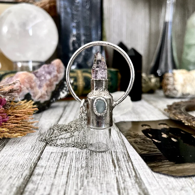 Necklaces and pendants with lotus flower designs for a spiritual, peaceful vibe-Raw Vera Cruz Amethyst and Aquamarine Crystal Necklace / Silver Crystal Rollerball Necklace