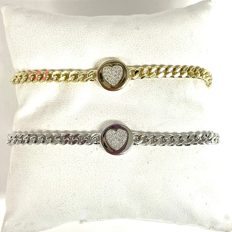 Silver bangles with polished mirror finish shine -Sterling Or Gold Filled Pave Heart Disc Chain Bracelet