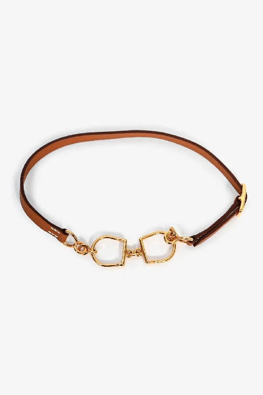 Bracelets with etched floral bands for detail -Hermès Brown Leather/Gold Tone Etrier Double Tour Bracelet