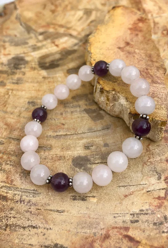 Gold bracelets with delicate diamond charm accents -Rose Quartz & Amethyst Stretch Bracelet! Genuine Crystals!