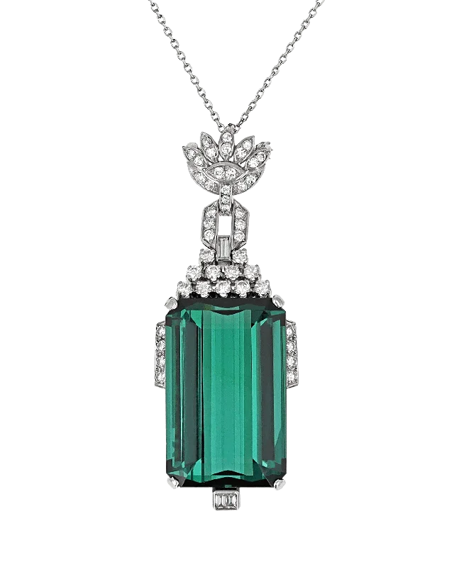 Best necklaces and pendants for weddings with matching designs for bride and groom-Art Deco Green Tourmaline Pendant, 80.71 Carats