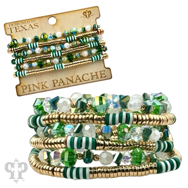 Bracelets with woven leather for rustic style -Christmas color faceted and disc bead stacked bracelet set: Green