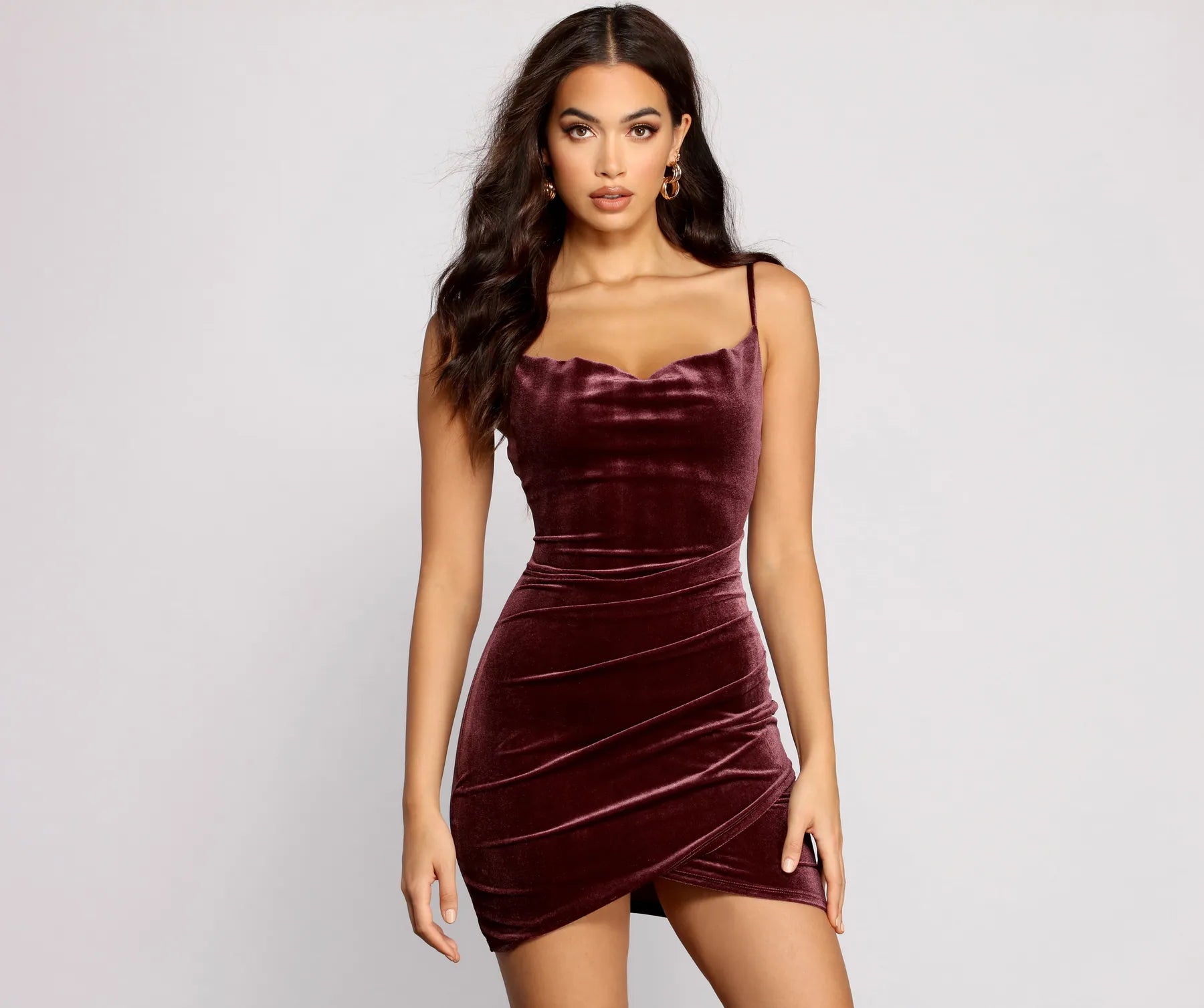 Tiered Dresses for Voluminous -So Lovely Velvet Cowl Neck Asymmetrical Mini Dress