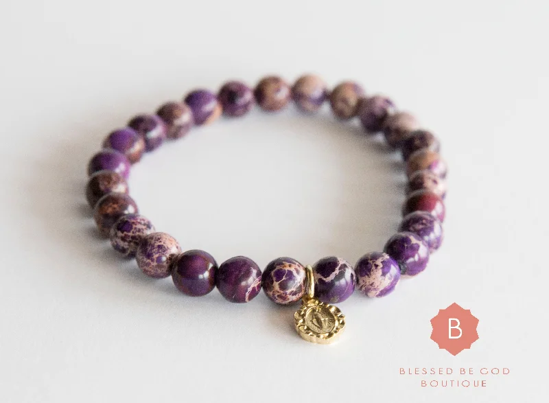 Bracelets with delicate amethyst for purple glow -Catholic bracelet, Miraculous Medal, purple