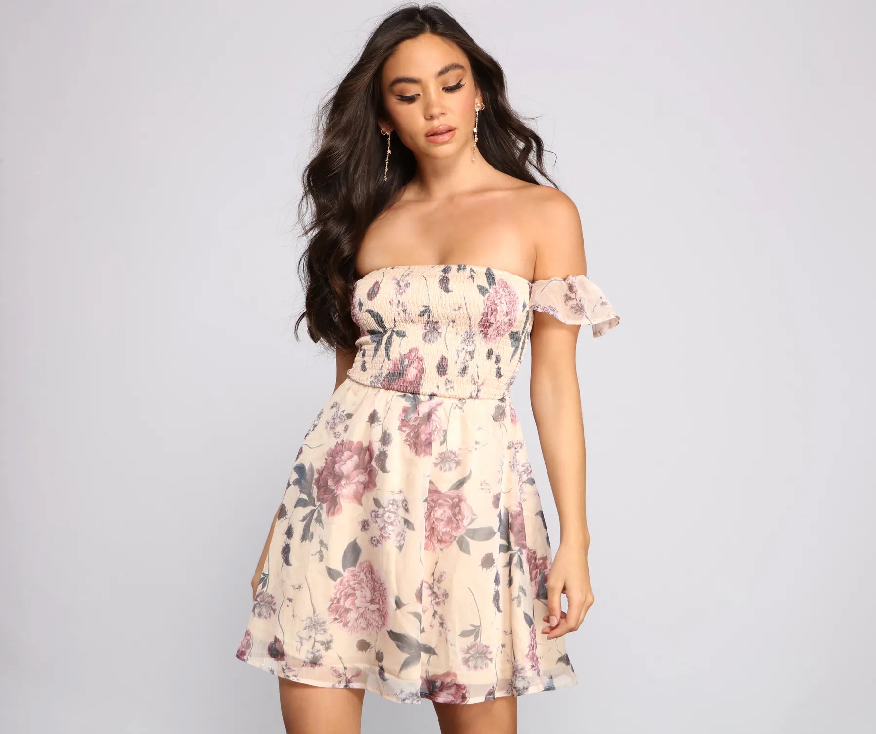 Mini Dresses for Youthful Look -Chic Floral Chiffon Off The Shoulder Mini Dress