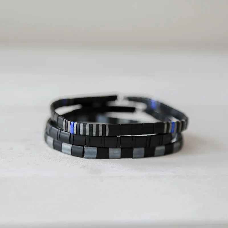 Leather bracelets with adjustable clasp for comfort -THIN BLUE LINE in Black - POLICE BRACELET