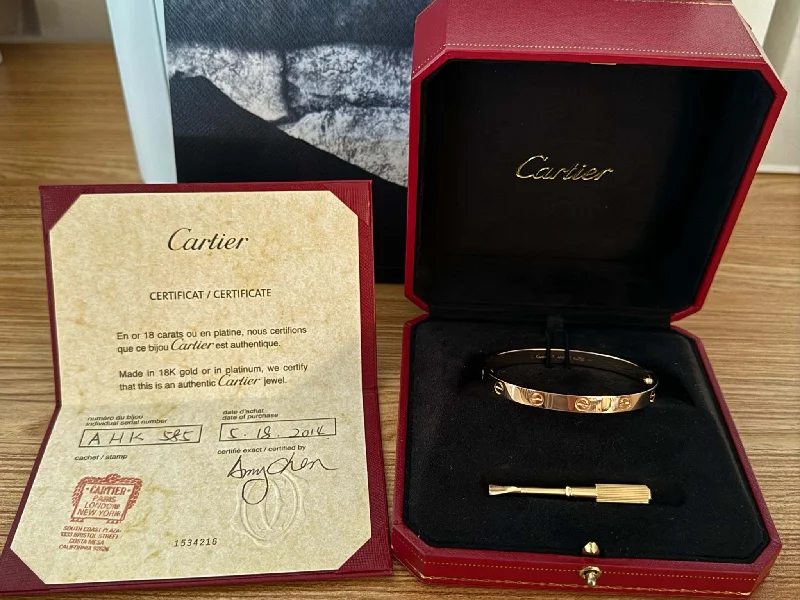 Bracelets with etched floral bands for detail -Cartier Love Bracelet 18K Rose Gold Size 17 With Box and Papers