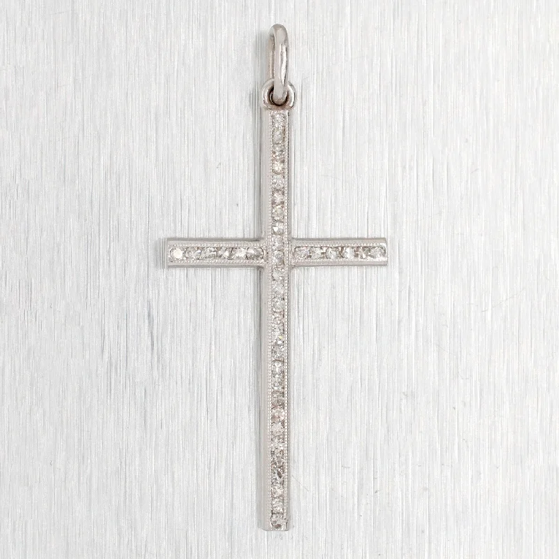 Best necklaces and pendants with butterfly wings for a delicate, graceful style-Vintage 0.10ctw Diamond Long Cross Pendant - 14k White Gold Charm