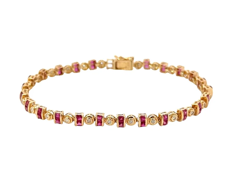 Leather bracelets with adjustable clasp for comfort -14k Yellow Gold Diamond and Ruby Tennis Bracelet