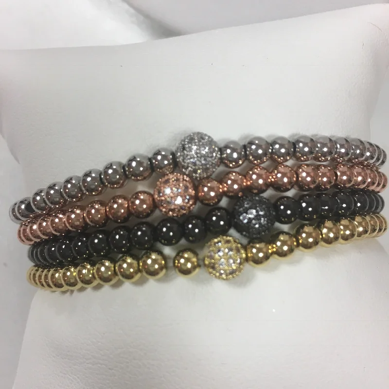 Bangles with sleek black agate for edge -Beaded Stretch Bracelets with CZ Ball