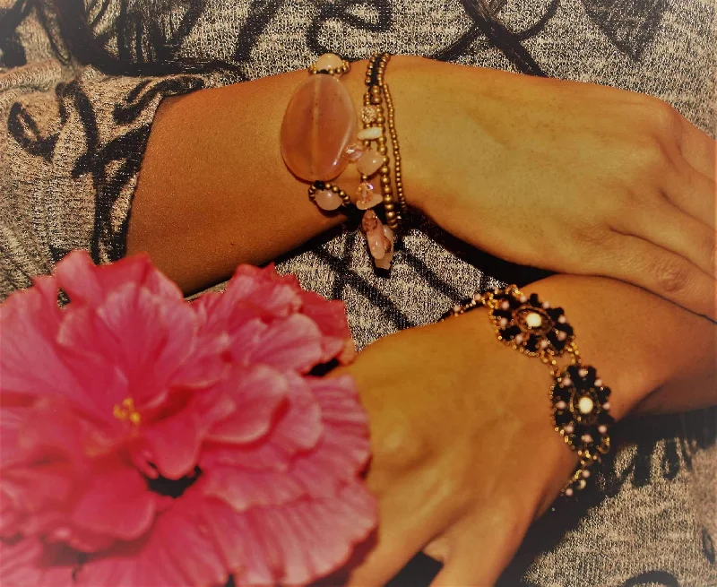 Bangles with bold onyx stones for contrast -Peach Agate Slice & Rose Quartz Bracelet