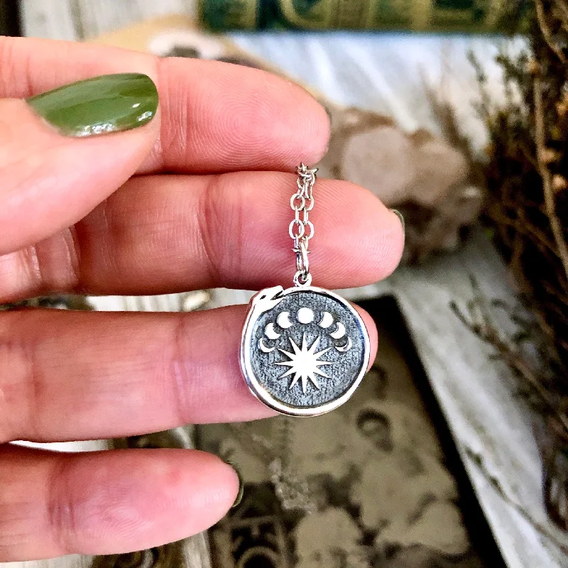 Best necklaces and pendants with vintage lockets for a nostalgic, sentimental look-Tiny Talisman Collection - Sterling Silver  Silver Ouroboros Snake. with Moon Phases Necklace Pendant  15mm /