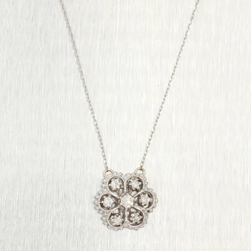 Necklaces and pendants with custom designs for a completely unique jewelry piece-Antique Art Deco 0.45ctw Diamond Flower Pendant - 14k White Gold Necklace - 16"