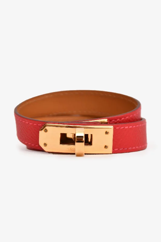 Bangles with bold hematite for metallic shine -Hermès 2013 Red Epsom Leather Double Tour Bracelet