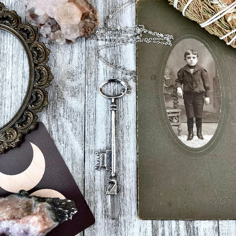 Necklaces and pendants with celestial starburst designs for a radiant look-Raw Clear Quartz Crystal Vintage Skeleton Key Necklace Pendant in Fine Silver  / Foxlark Collection - One of a Kind