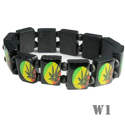 Bracelets with leather wrap for edgy look -Rasta Laquer Finish Ganja Leaf Bracelet Hippie Reggae Jamaica One Love Bob IRIE