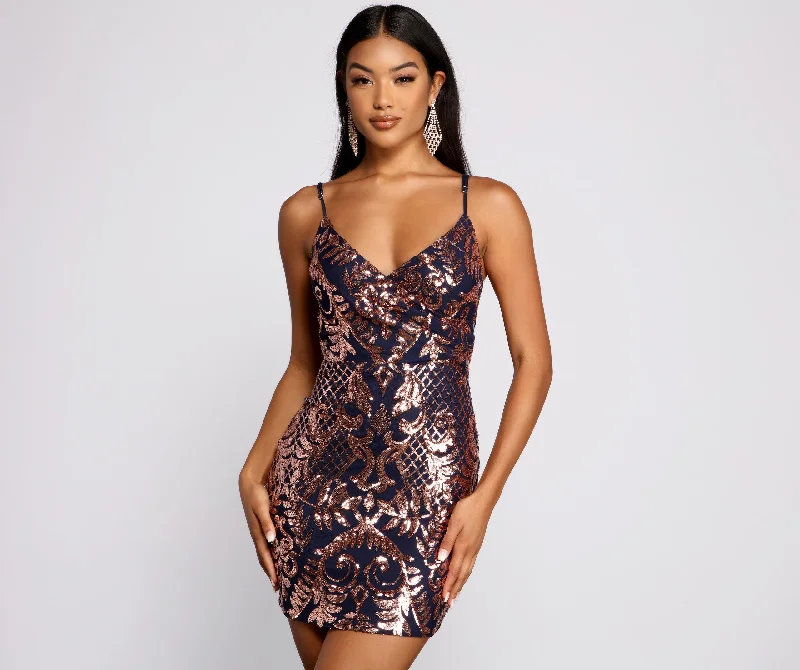 Wool Dresses for Warmth -Stella Formal Sequin Scroll Print Mini Dress