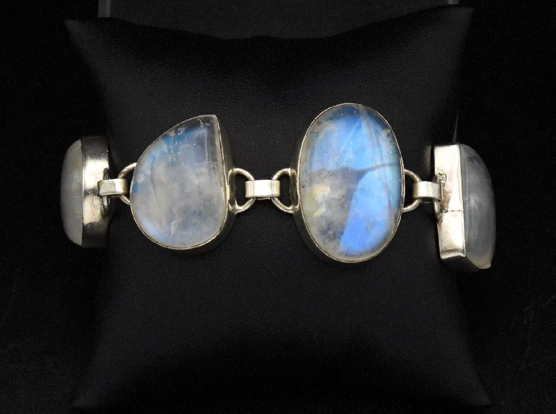 Bangles with rough opal for organic shine -Handmade Rainbow Moonstone Sterling Silver Bracelet