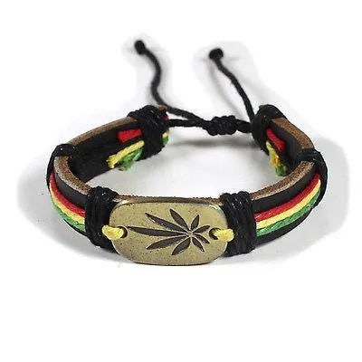 Vintage bangles with intricate filigree metalwork -Rasta Leather Wrist Cuff Canna Leaf Emblem Wrist Bracelet Bob Reggae IRIE