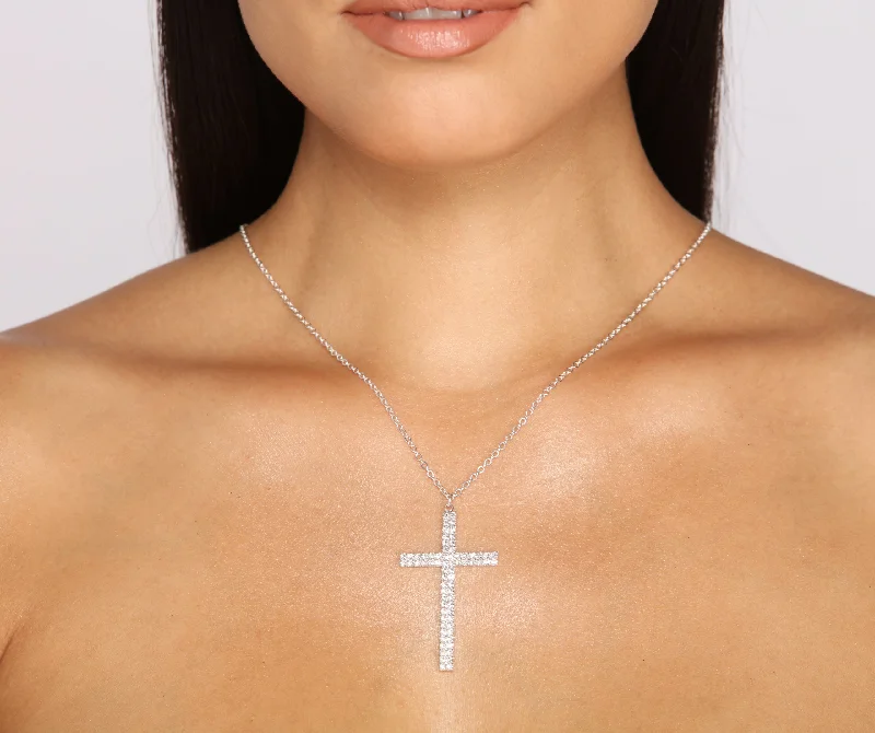 Necklaces and pendants with lock and key designs for a symbolic gesture-Statement Rhinestone Cross Necklace