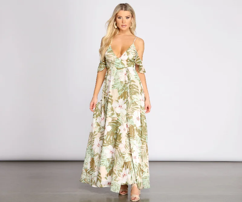 Birthday Dresses for Celebration -Chiffon Tropical Floral Maxi Dress