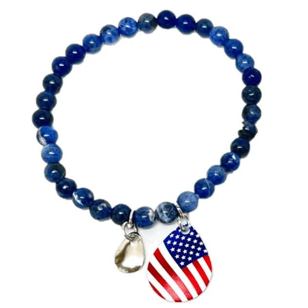 Bangles with topaz gems for icy blue -Made in USA Blue Stone Bracelet with Flag Charm