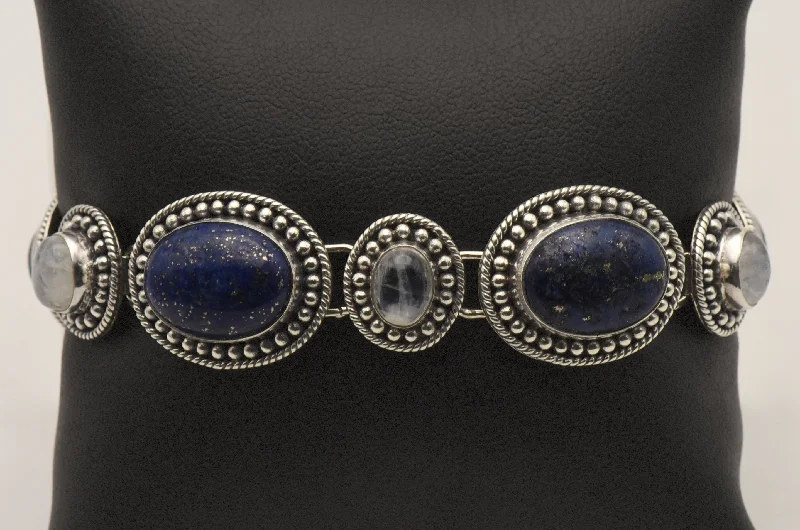 Bracelets with crescent moon for lunar appeal -Vintage Handmade Lapis Lazuli and Moonstone Sterling Silver Link Bracelet