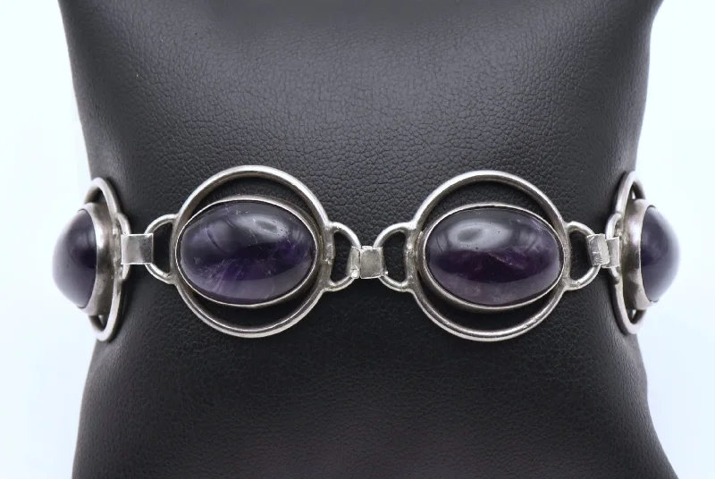 Bracelets with adjustable chains for perfect fit -Vintage Handmade Sterling Silver Amethyst Cabochons Bracelet - 8"