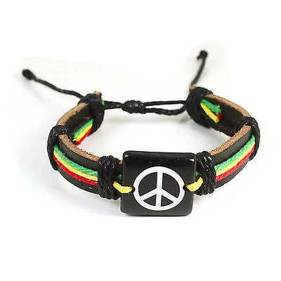 Bracelets with pearl beads for classic beauty -Rasta Leather Wrist Cuff Peace Sign Emblem Wrist Bracelet Hippie Bob Reggae IRIE